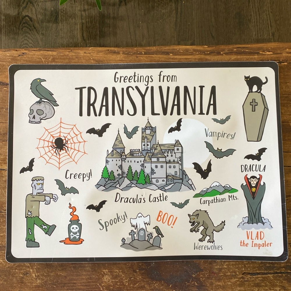 Halloween Greetings From Transylvania Placemat - Thick Vinyl Foam Backed 13”x18”